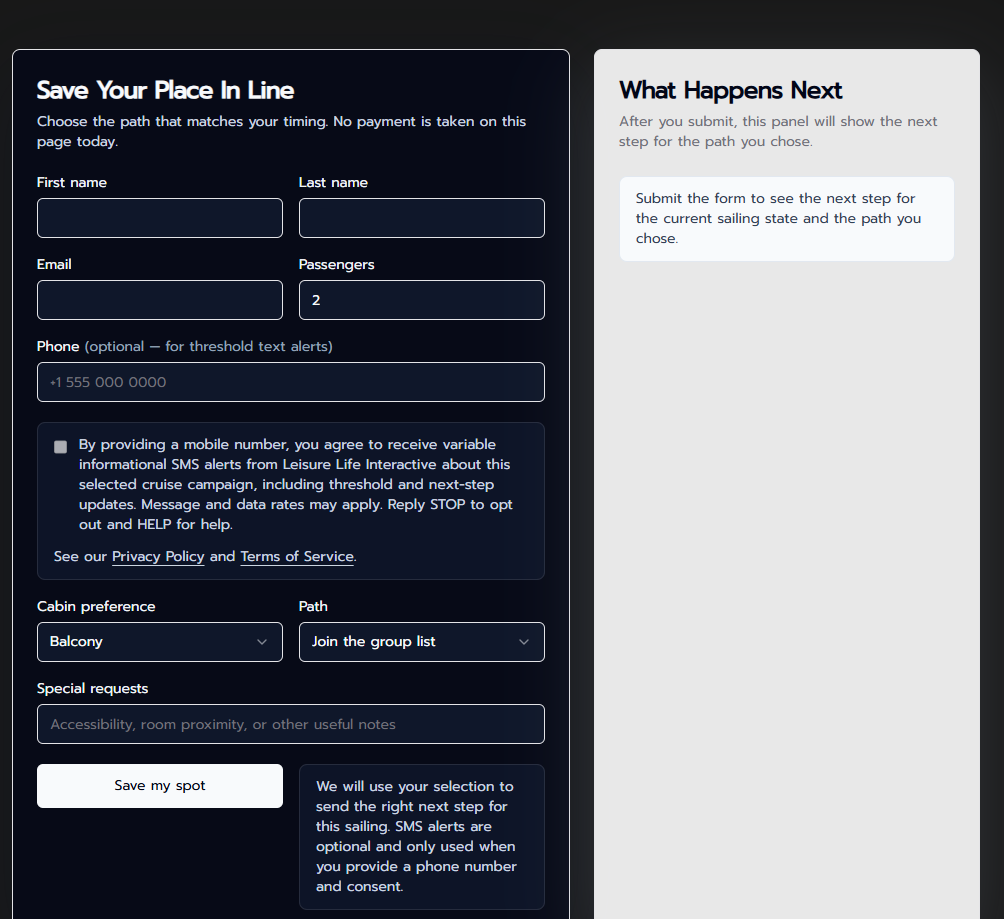 Screenshot of the campaign waitlist SMS opt-in form showing the phone field, unchecked consent box, disclosure language, and links to privacy policy and terms of service.
